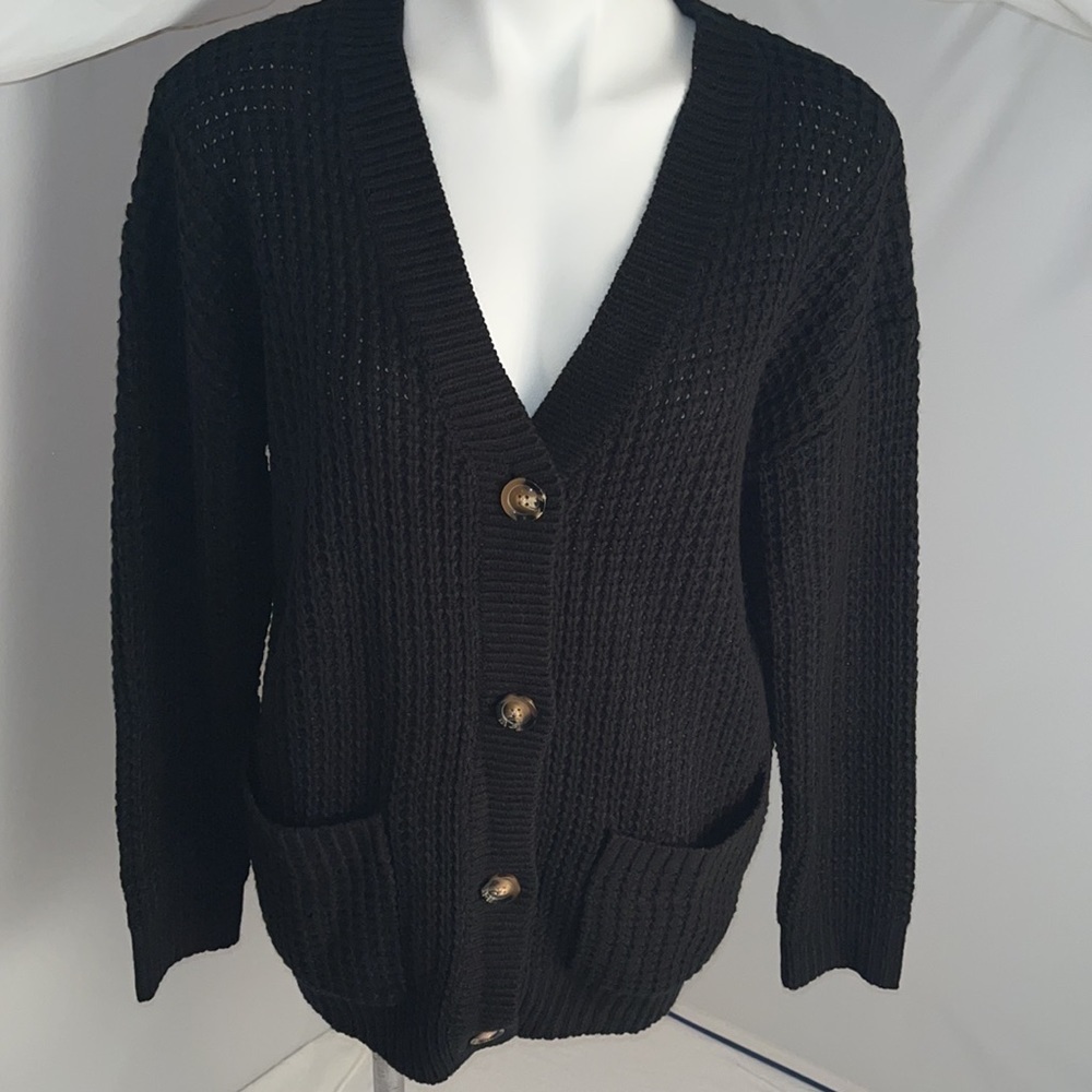 Black waffle knit button front cardigan sweater L